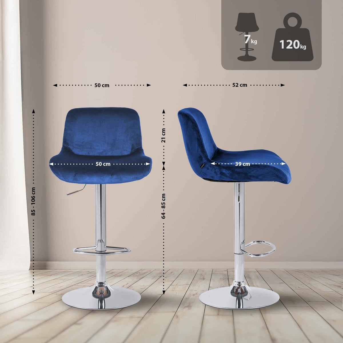 Set van 2 barkrukken Solon chroom blauw,Fluweel blau
