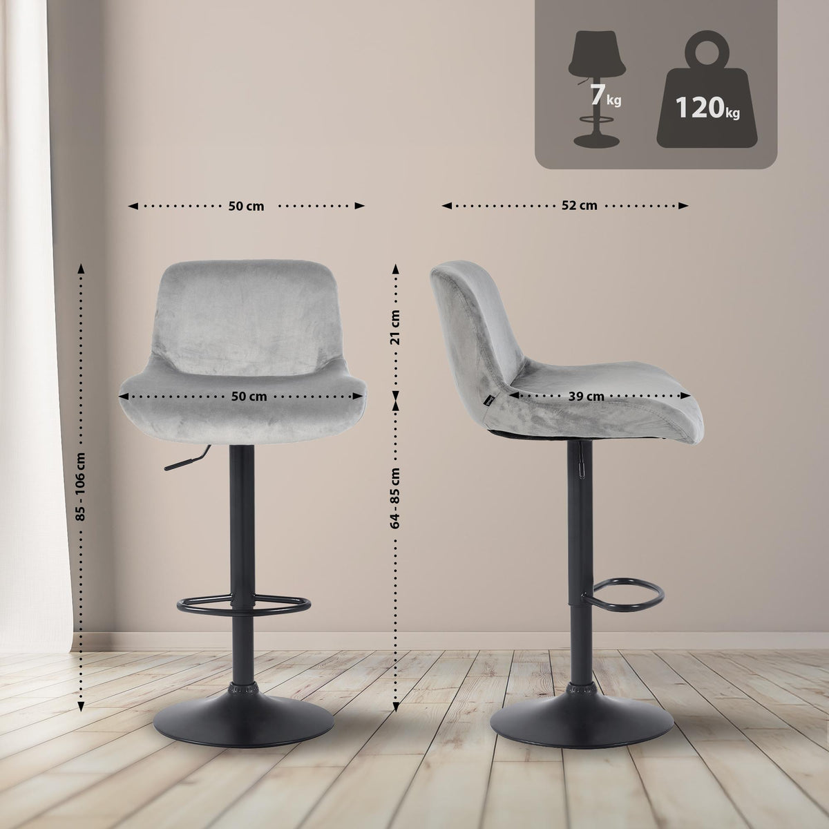 Set van 2 barkrukken Solon zwart grijs,Fluweel grau