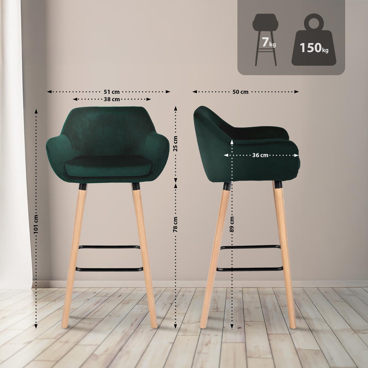 Set van 2 barkrukken Grant Fluweel groen grün