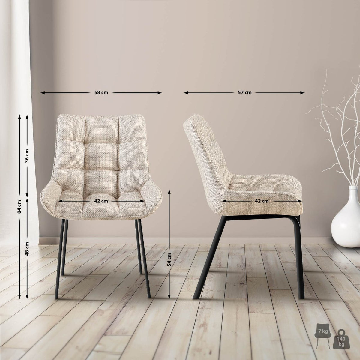 Set van 2 eetkamerstoelen Saranda ivoor,Stof elfenbein
