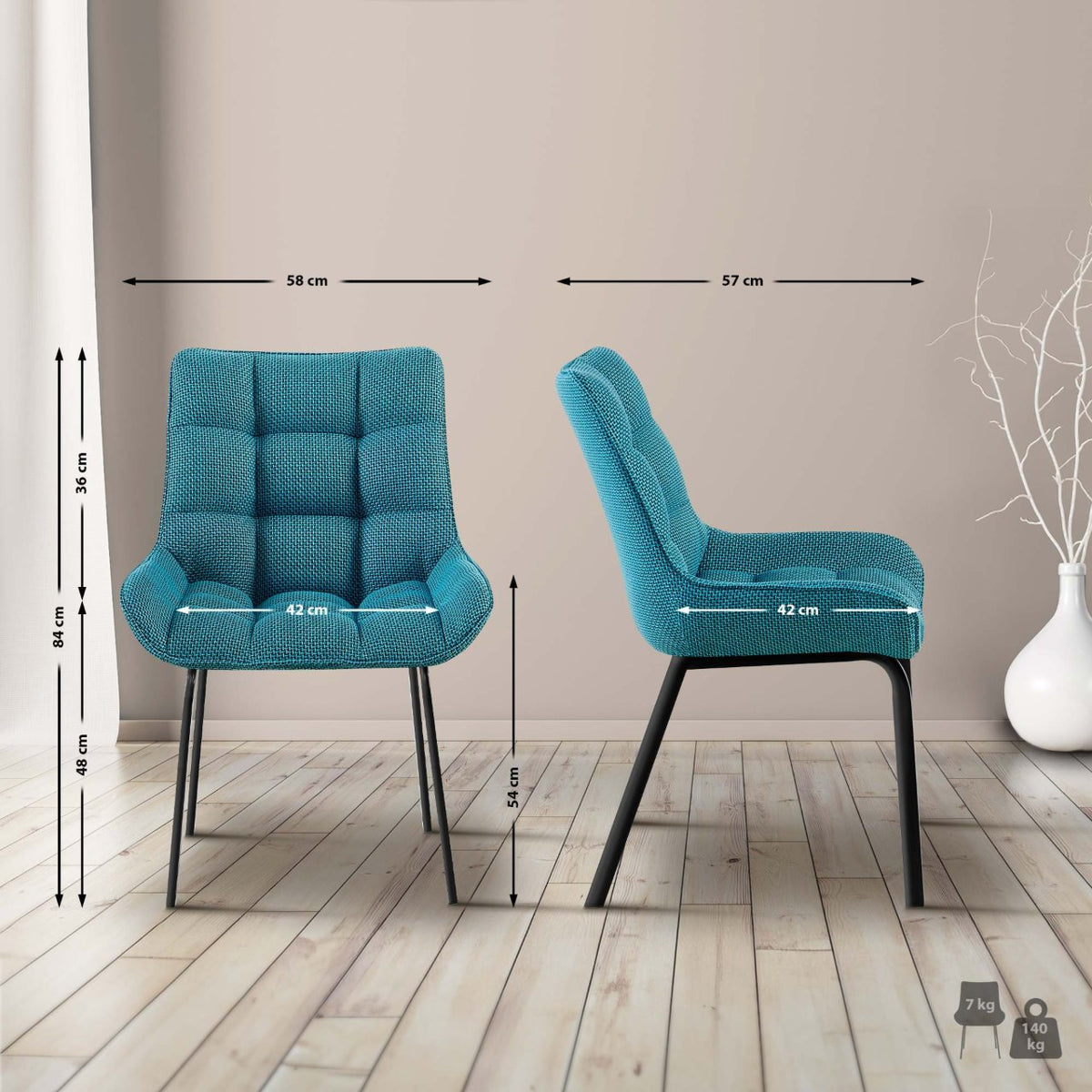 Set van 2 eetkamerstoelen Saranda turkis,Stof türkis