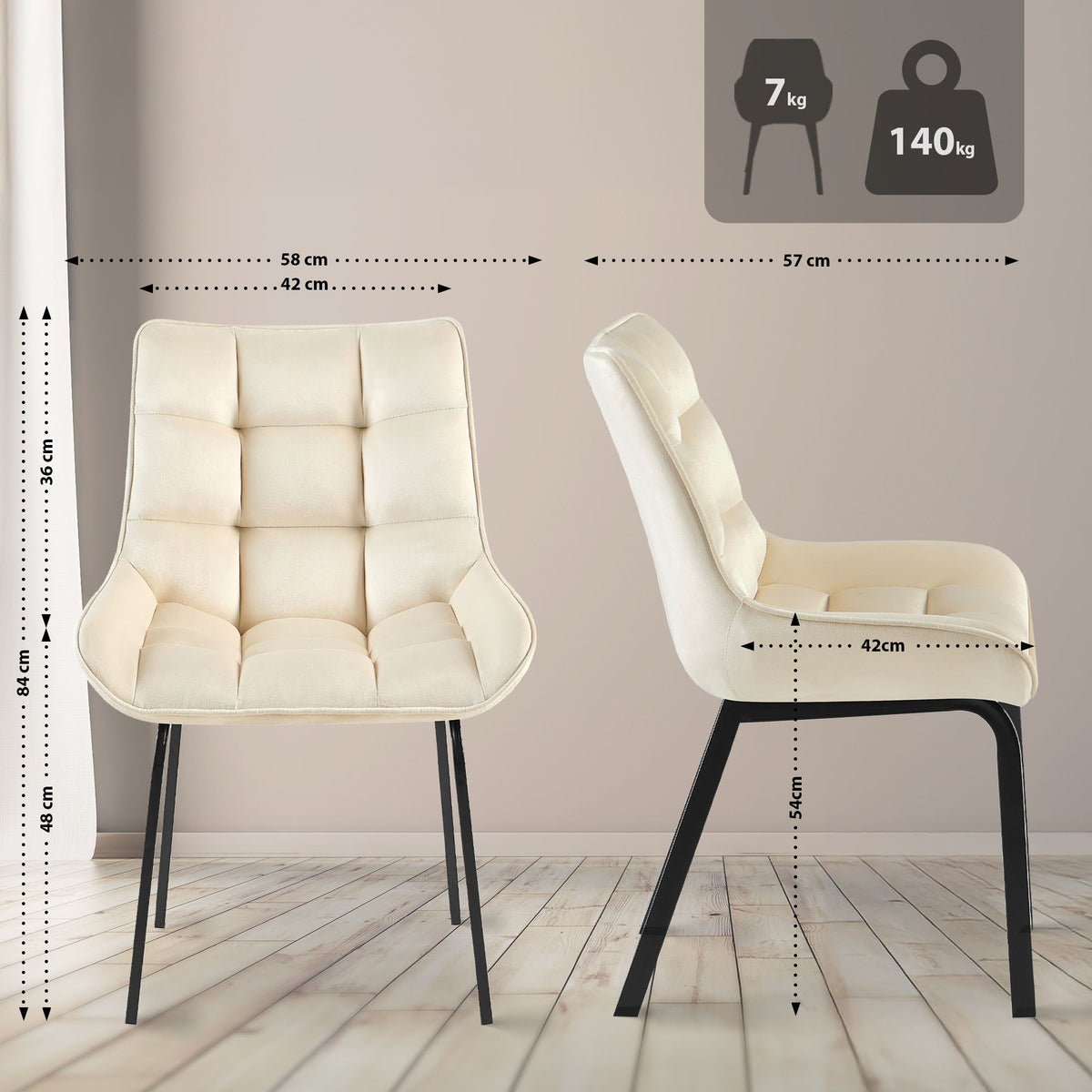 Set van 2 eetkamerstoelen Saranda creme,Fluweel creme