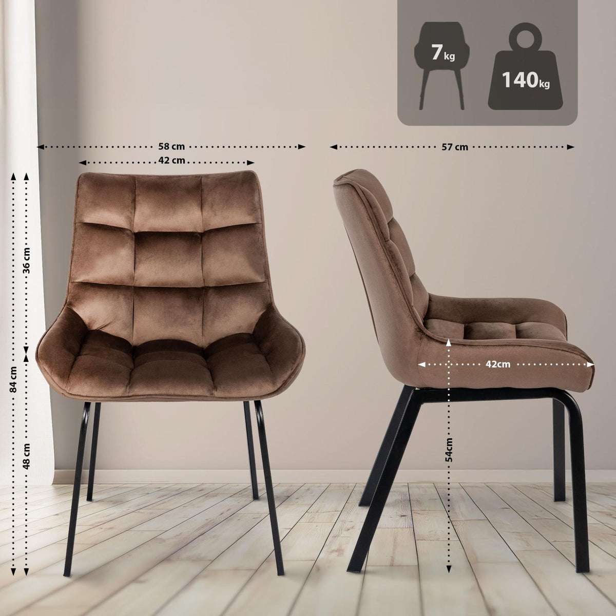 Set van 2 eetkamerstoelen Saranda bruin,Fluweel braun