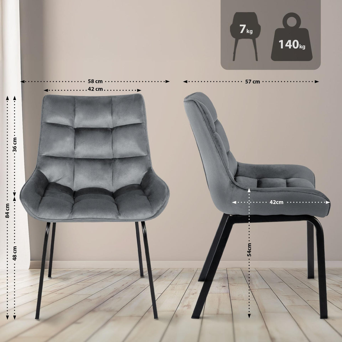 Set van 2 eetkamerstoelen Saranda donkergrijs,Fluweel dunkelgrau