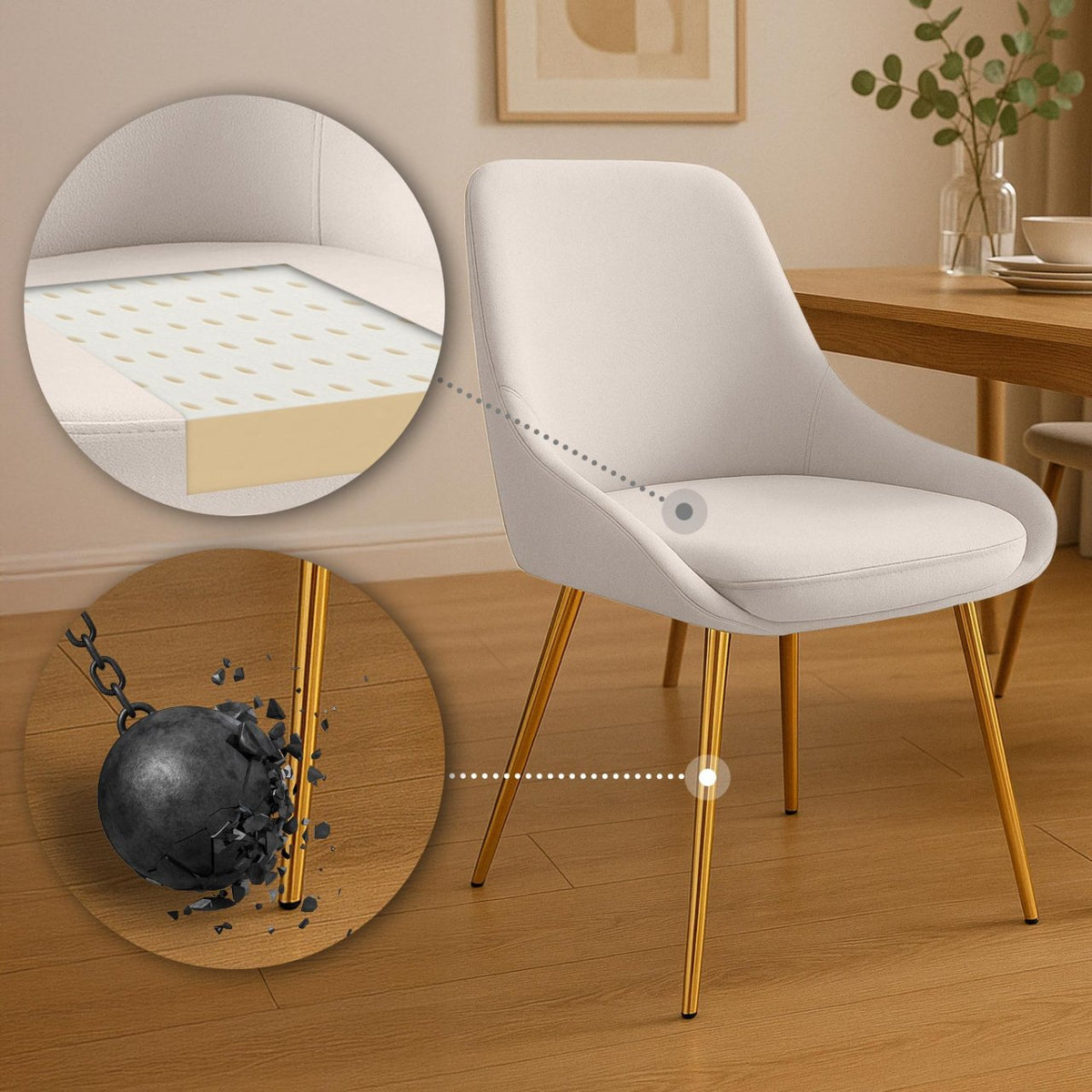 Eetkamerstoel Elmira fluweel creme,Metaal Goud creme