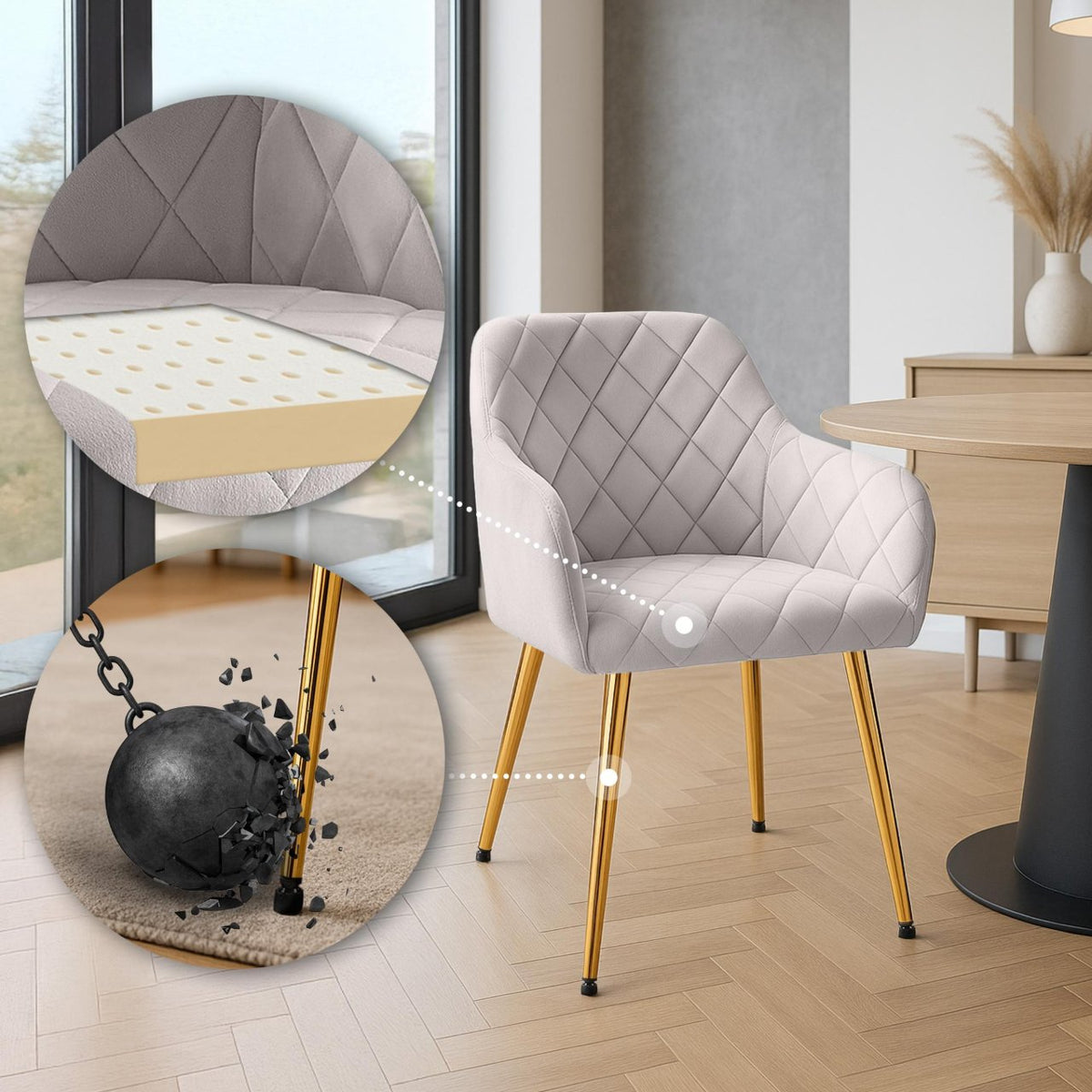 Set van 2 eetkamerstoelen Monett fluweel grijs,Metaal Goud grau