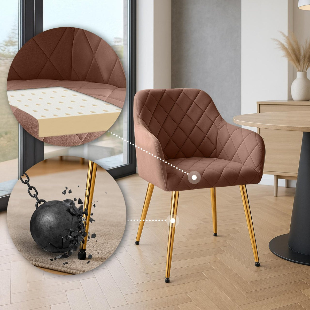 Set van 2 eetkamerstoelen Monett fluweel bruin,Metaal Goud braun