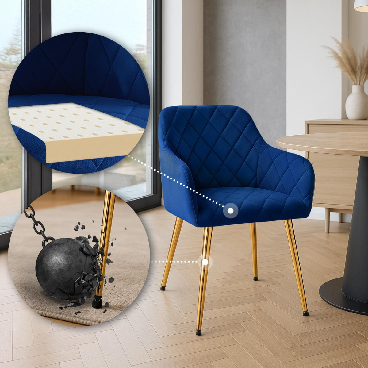 Set van 2 eetkamerstoelen Monett fluweel donkerblauw,Metaal Goud dunkelblau