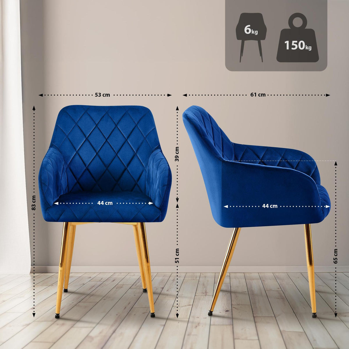 Set van 2 eetkamerstoelen Monett fluweel donkerblauw,Metaal Goud dunkelblau