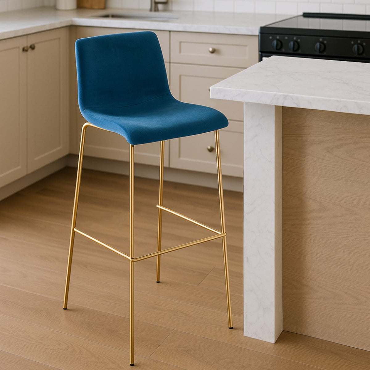 Barkruk Hoover onderstel goud fluweel blauw blau