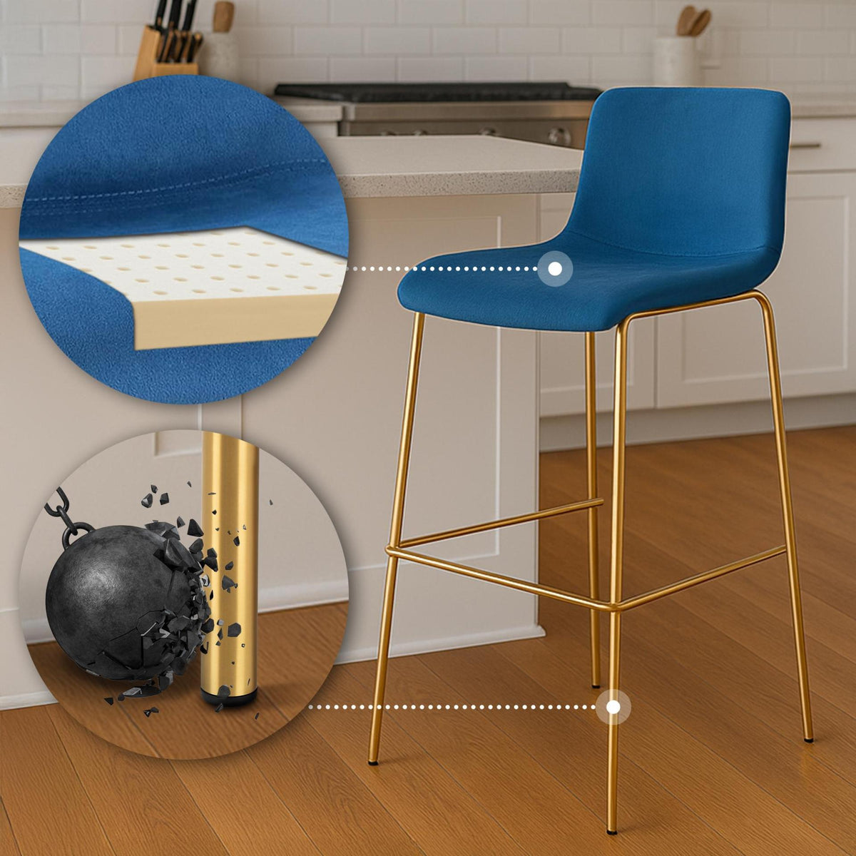 Barkruk Hoover onderstel goud fluweel blauw blau