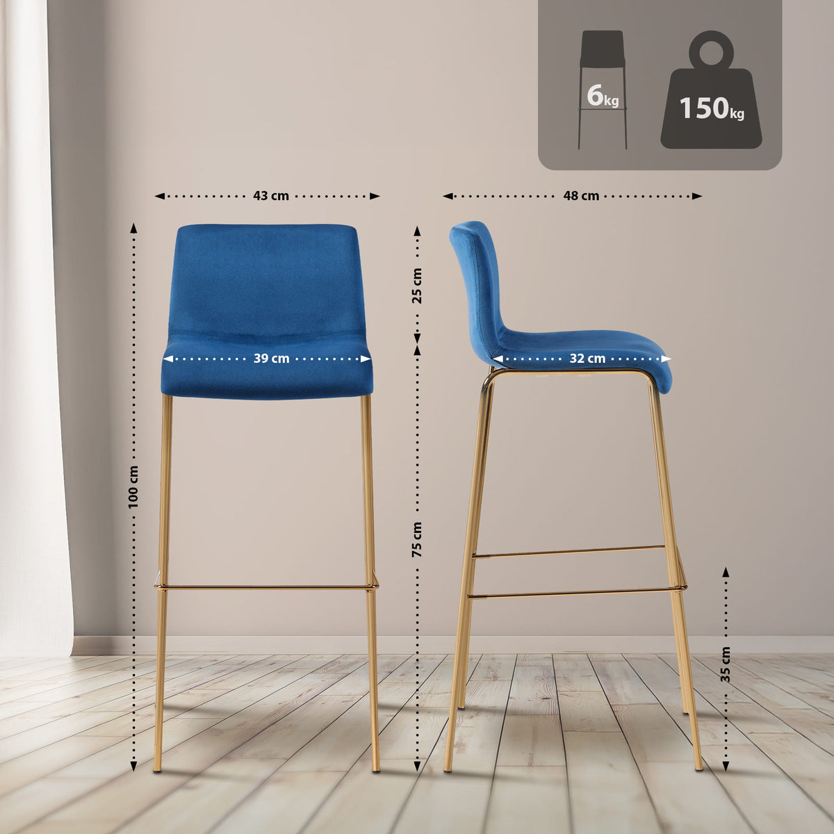 Barkruk Hoover onderstel goud fluweel blauw blau
