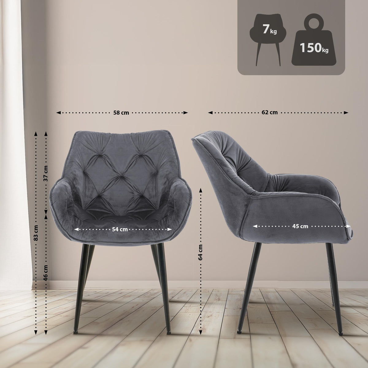 Set van 2 eetkamerstoelen Tanna fluweel donkergrijs dunkelgrau
