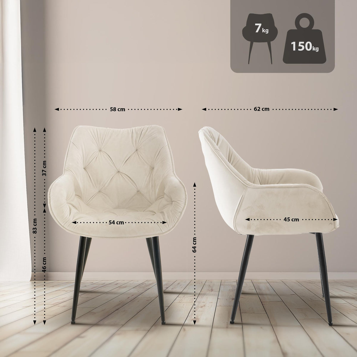 Set van 2 eetkamerstoelen Tanna fluweel creme creme