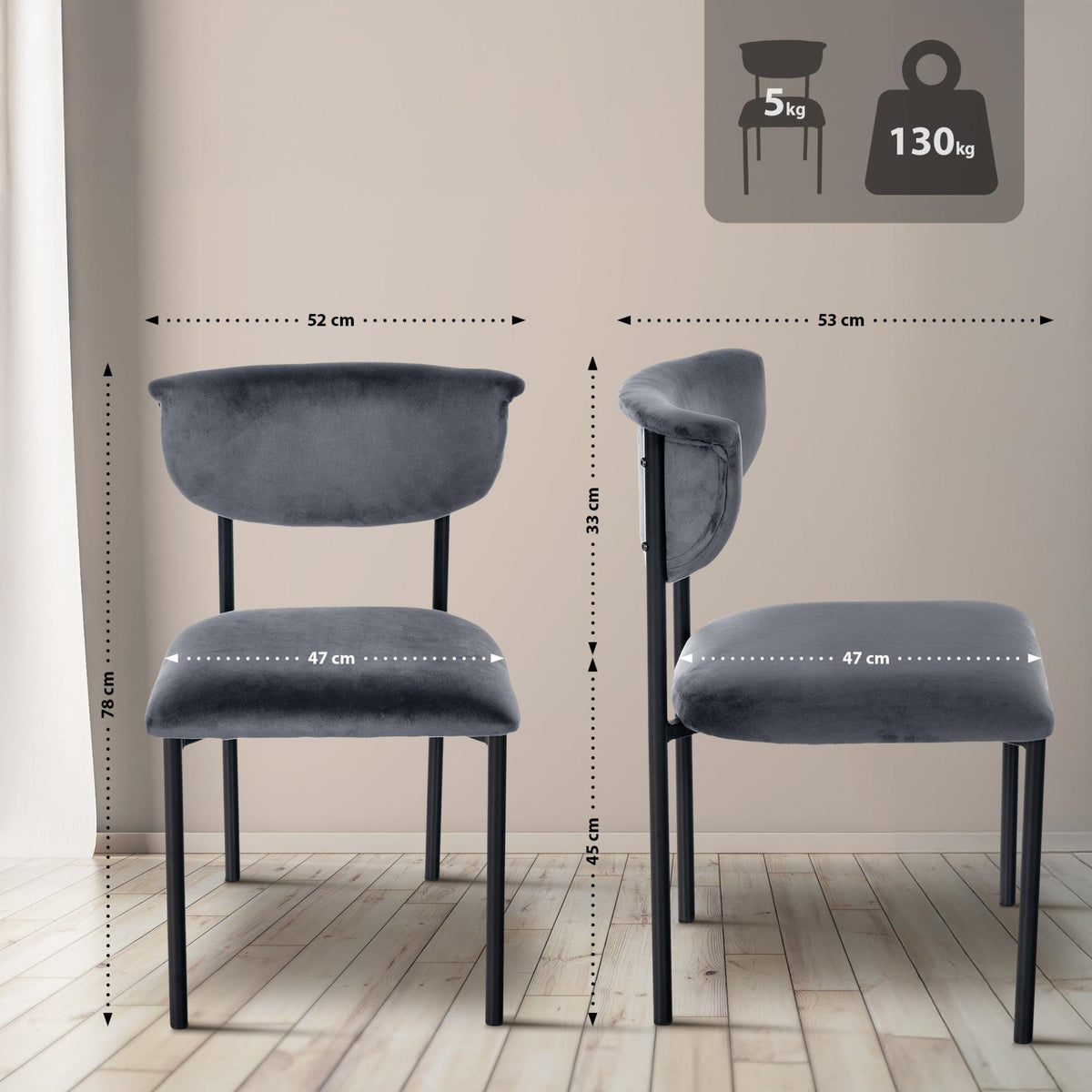 2er Set Besucherstuhl Gambell Samt dunkelgrau