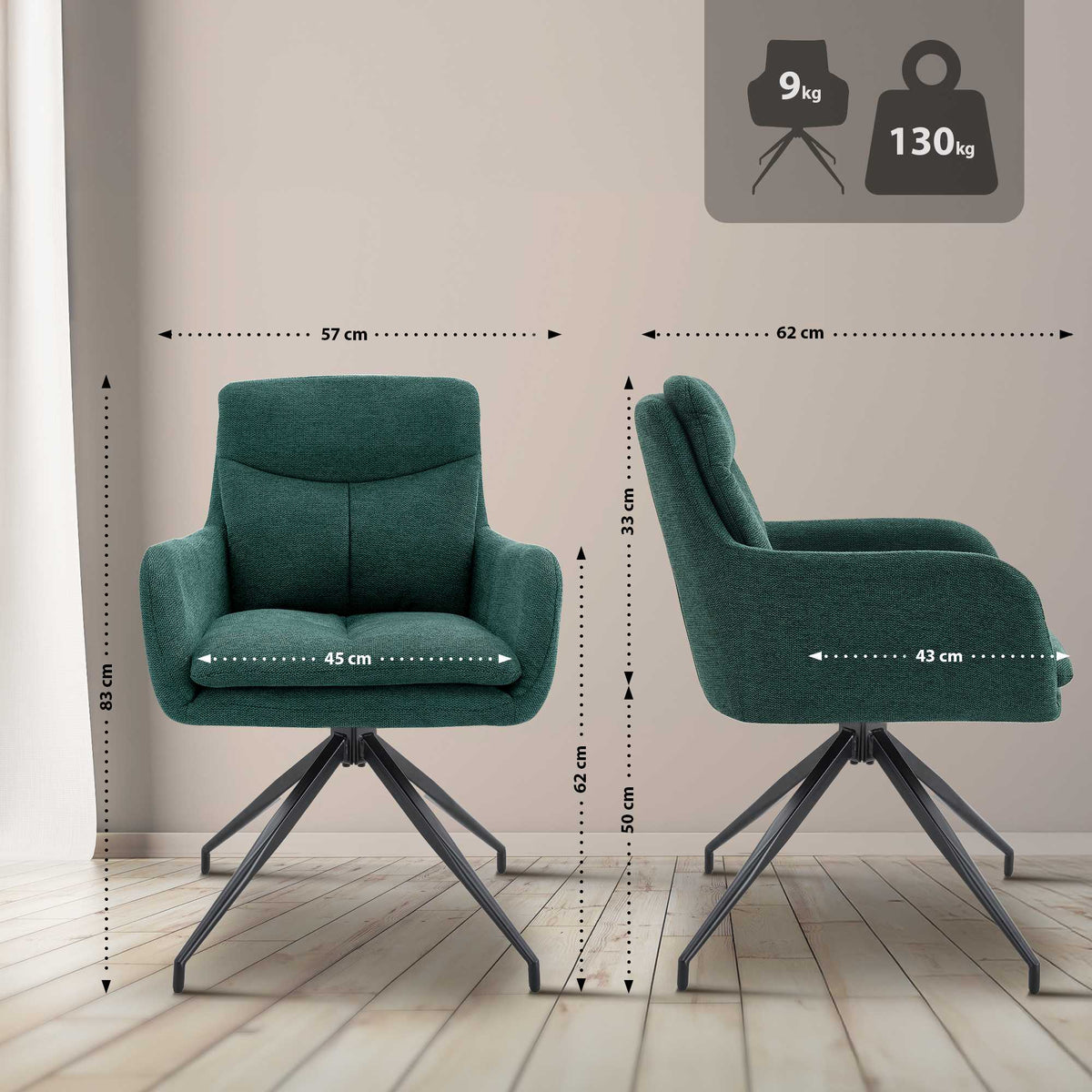Set van 2 eetkamerstoelen Somers stof groen grün