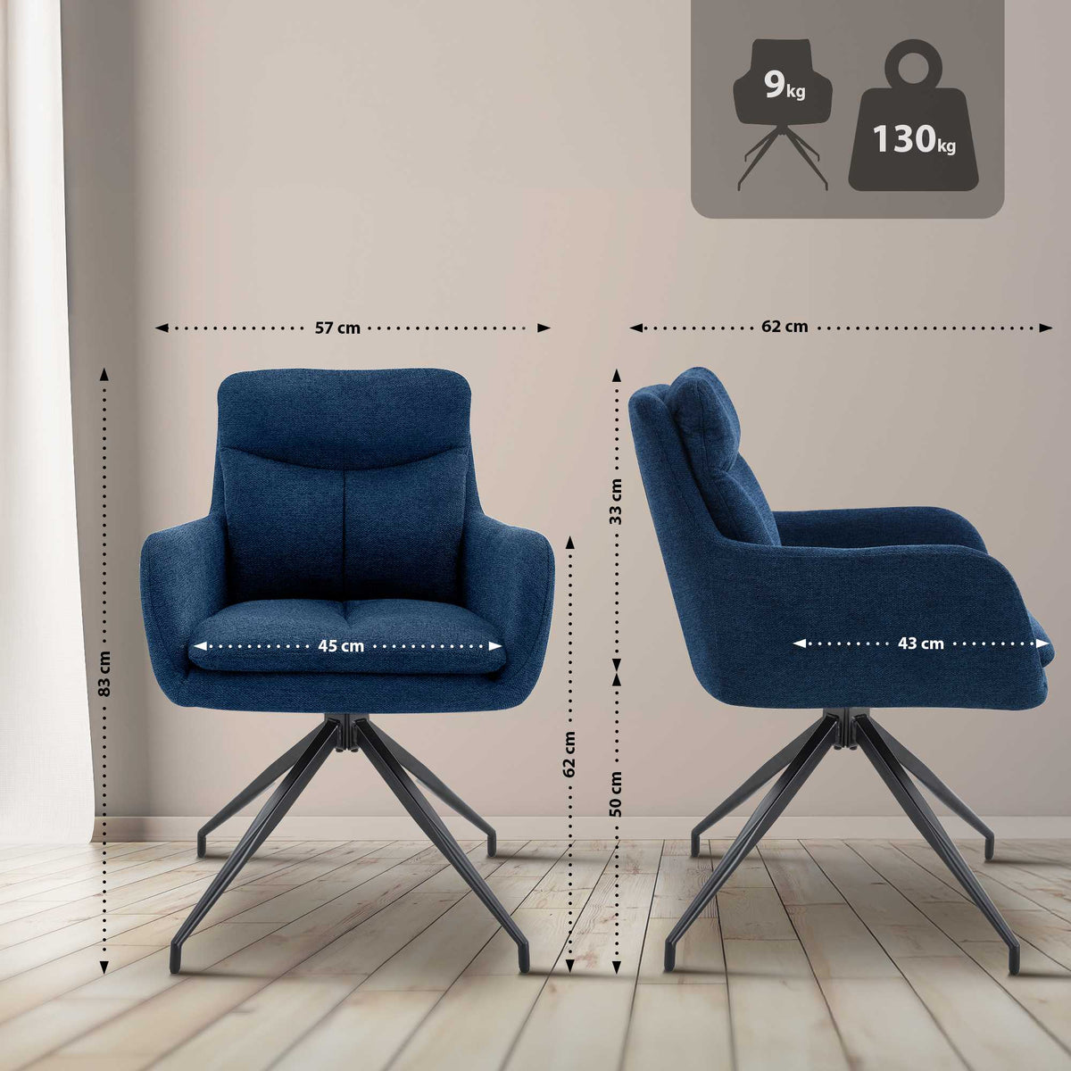 Set van 2 eetkamerstoelen Somers stof blauw blau