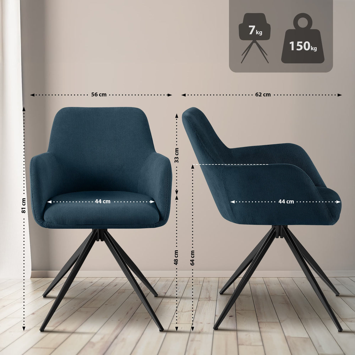 Eetkamerstoel Olema Ribstof blauw blau