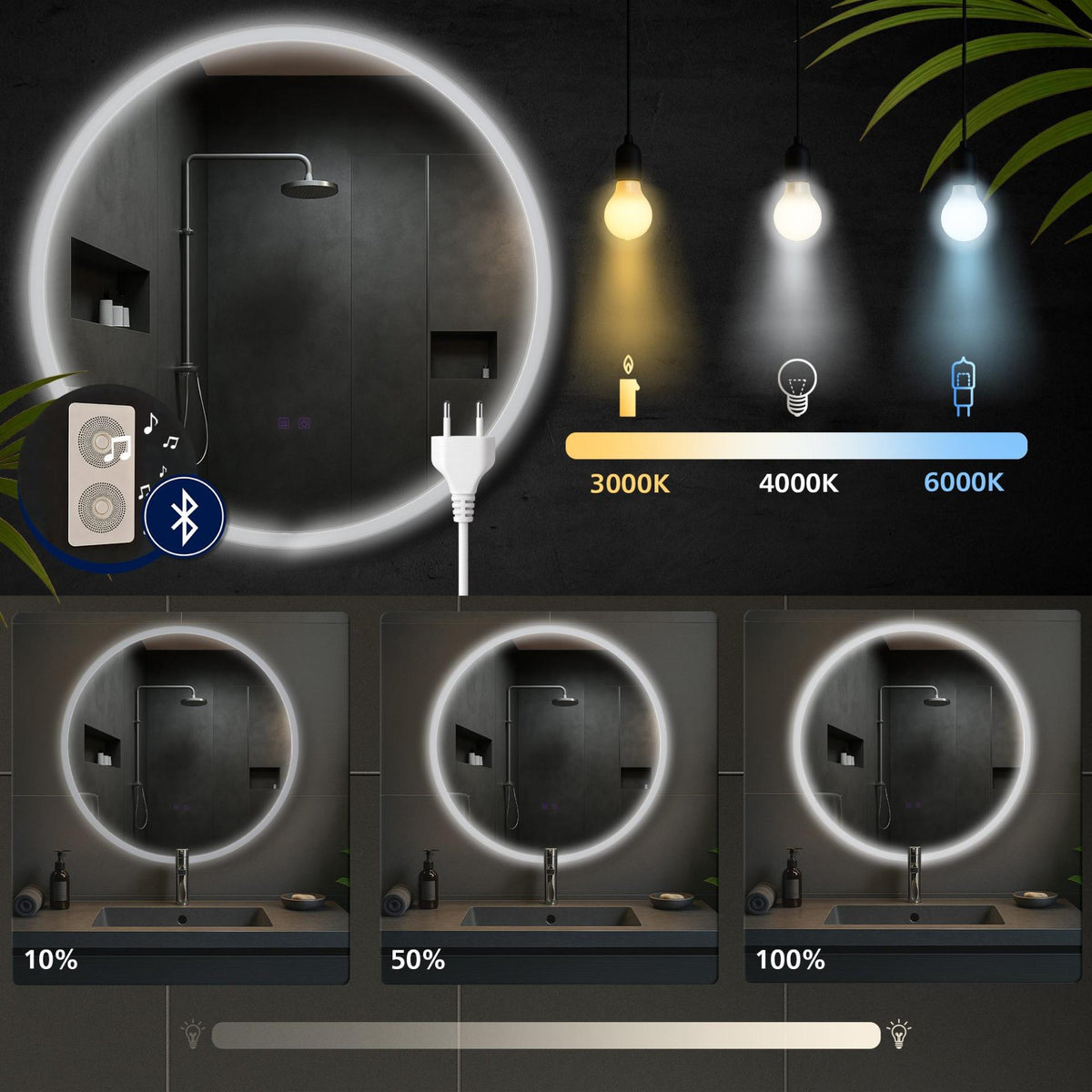 Badkamerspiegel Laconia met Bluetooth Ø 80 klarglas