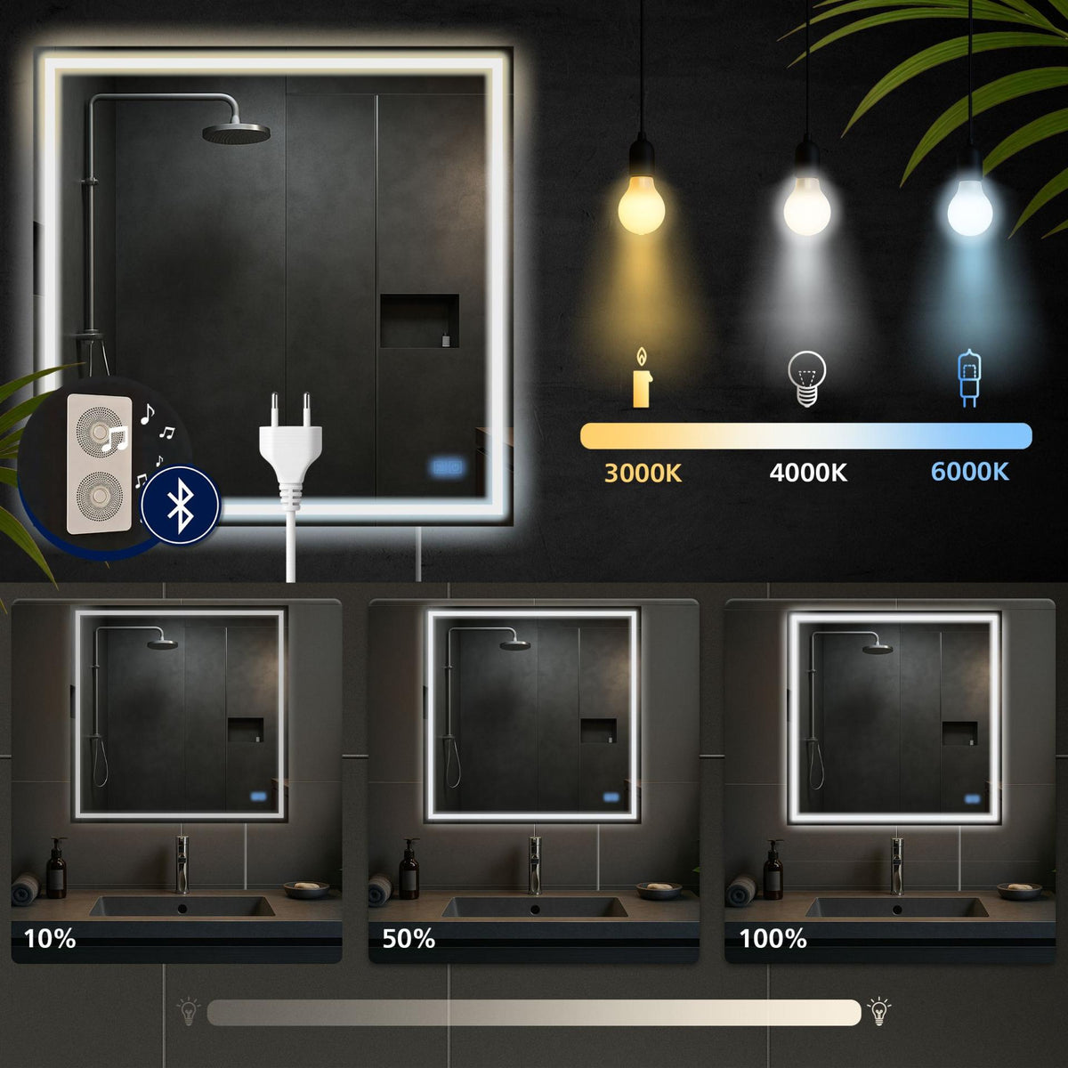 Badkamerspiegel Jaffrey met Bluetooth 80x80 cm klarglas