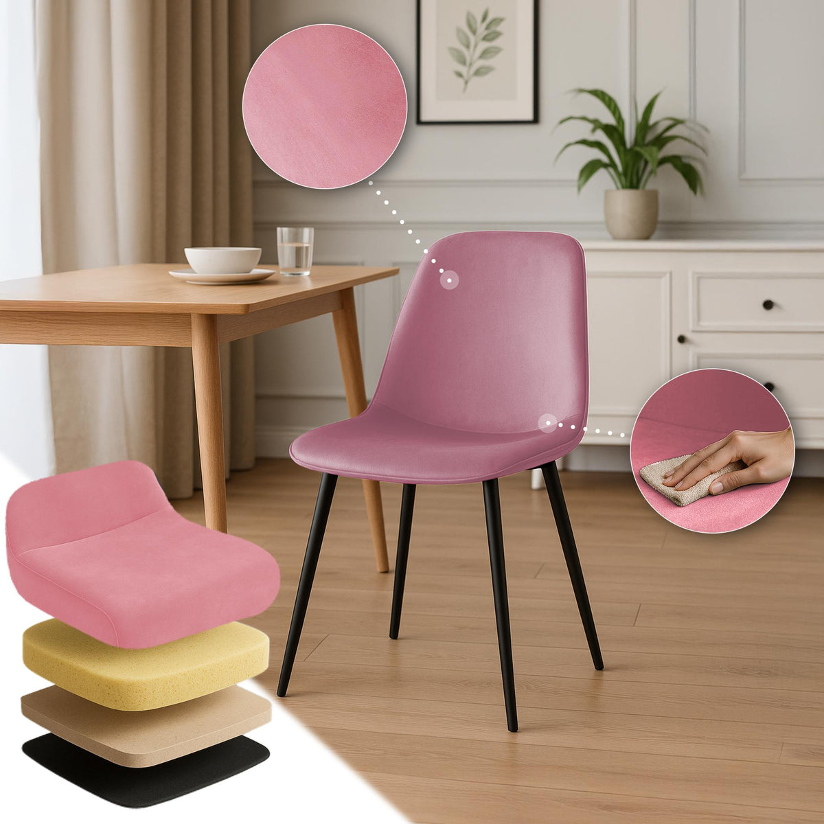 Set van 4 eetkamerstoelen Maryam rosa,Fluweel rosa