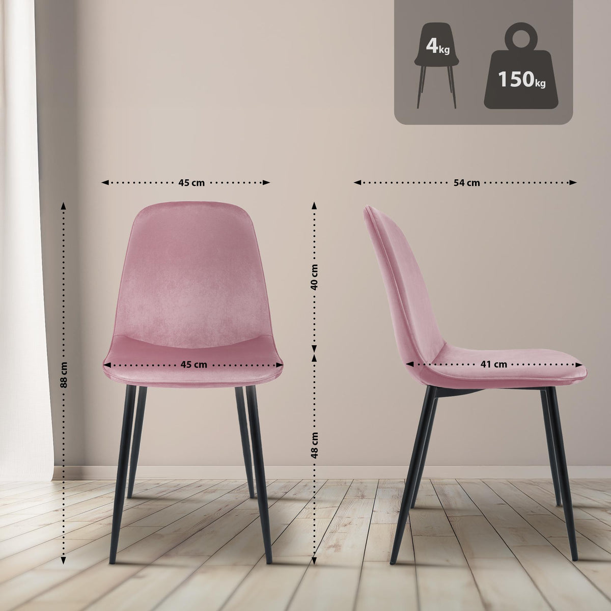 Set van 4 eetkamerstoelen Maryam rosa,Fluweel rosa