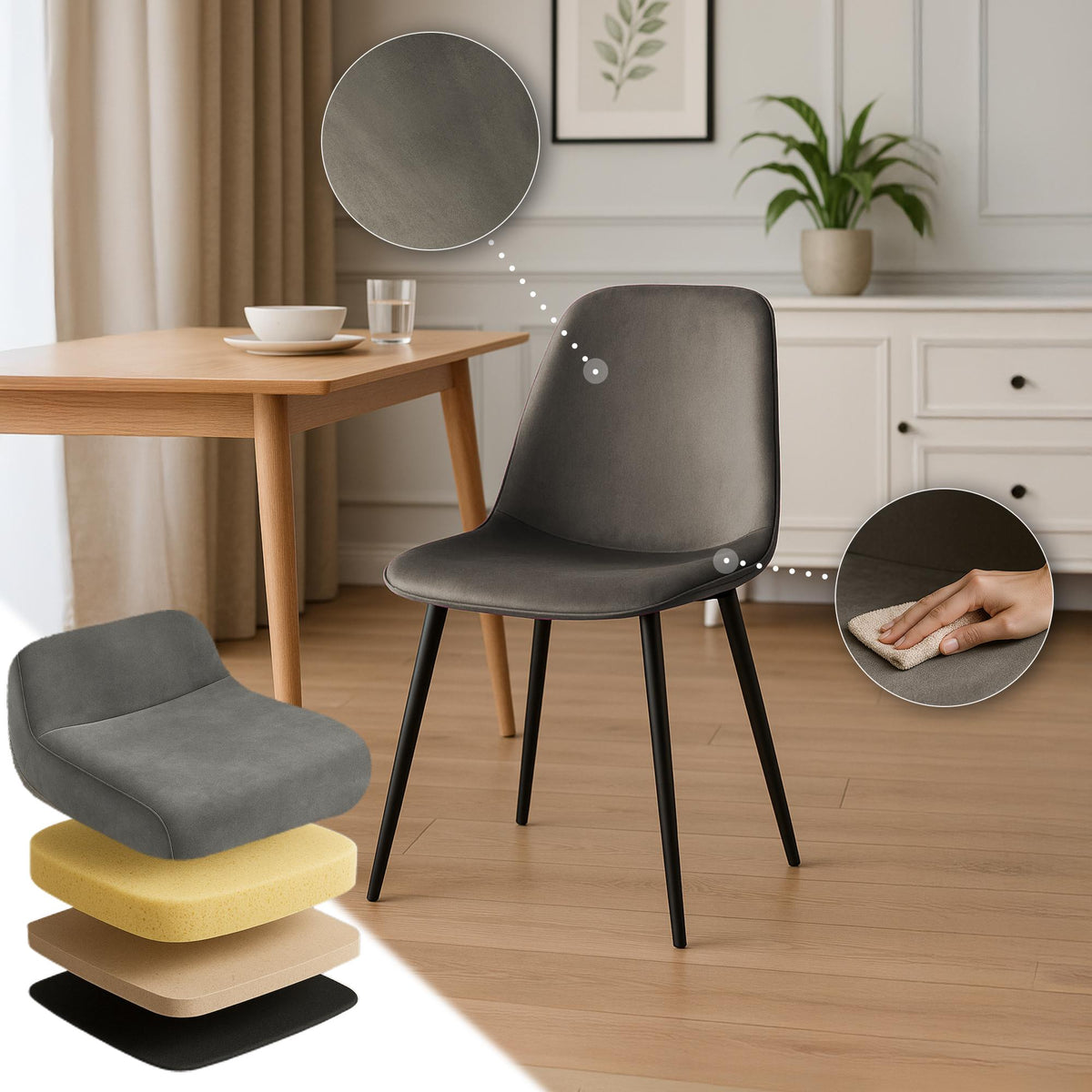 Set van 4 eetkamerstoelen Maryam antraciet,Fluweel anthrazit