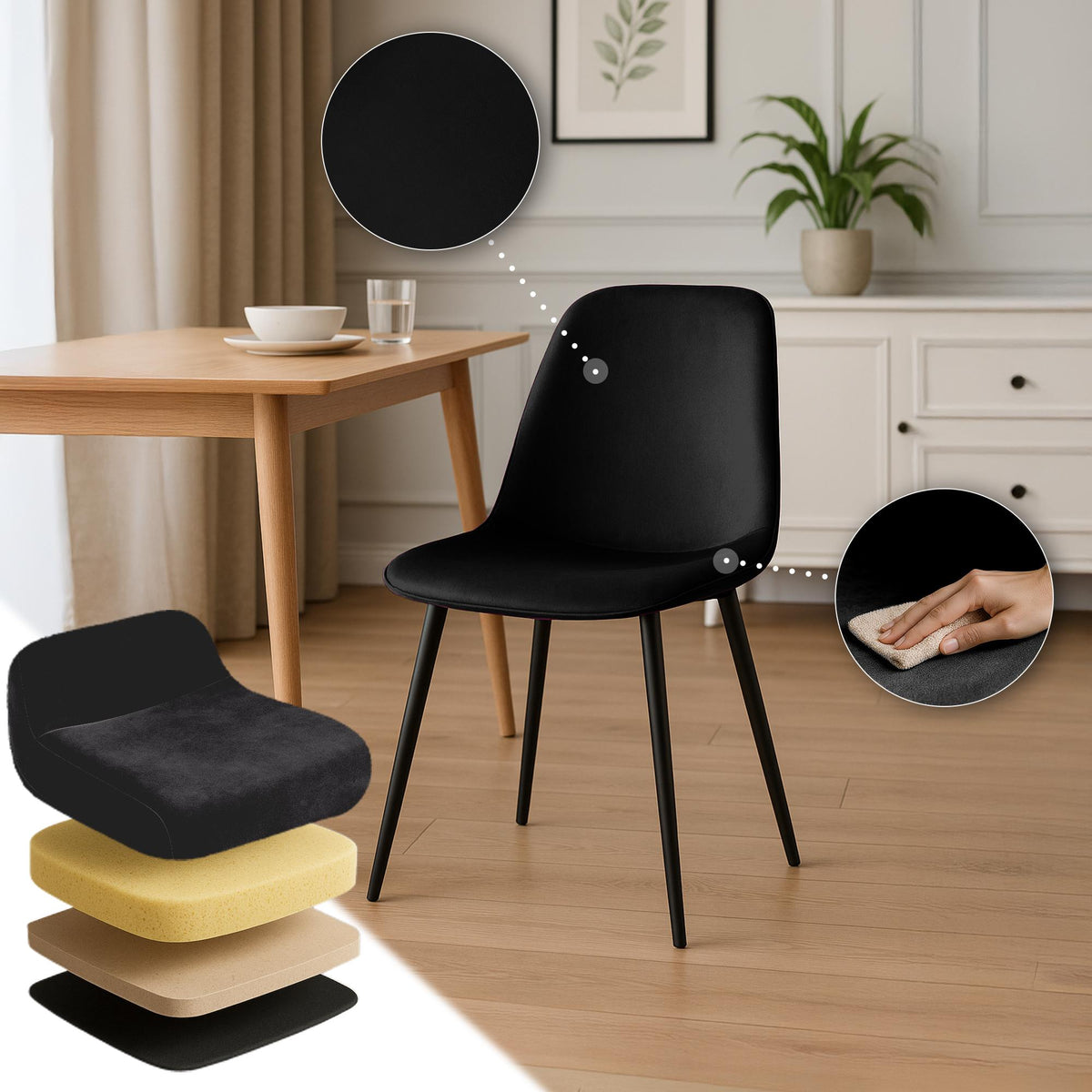 Set van 4 eetkamerstoelen Maryam zwart,Fluweel schwarz