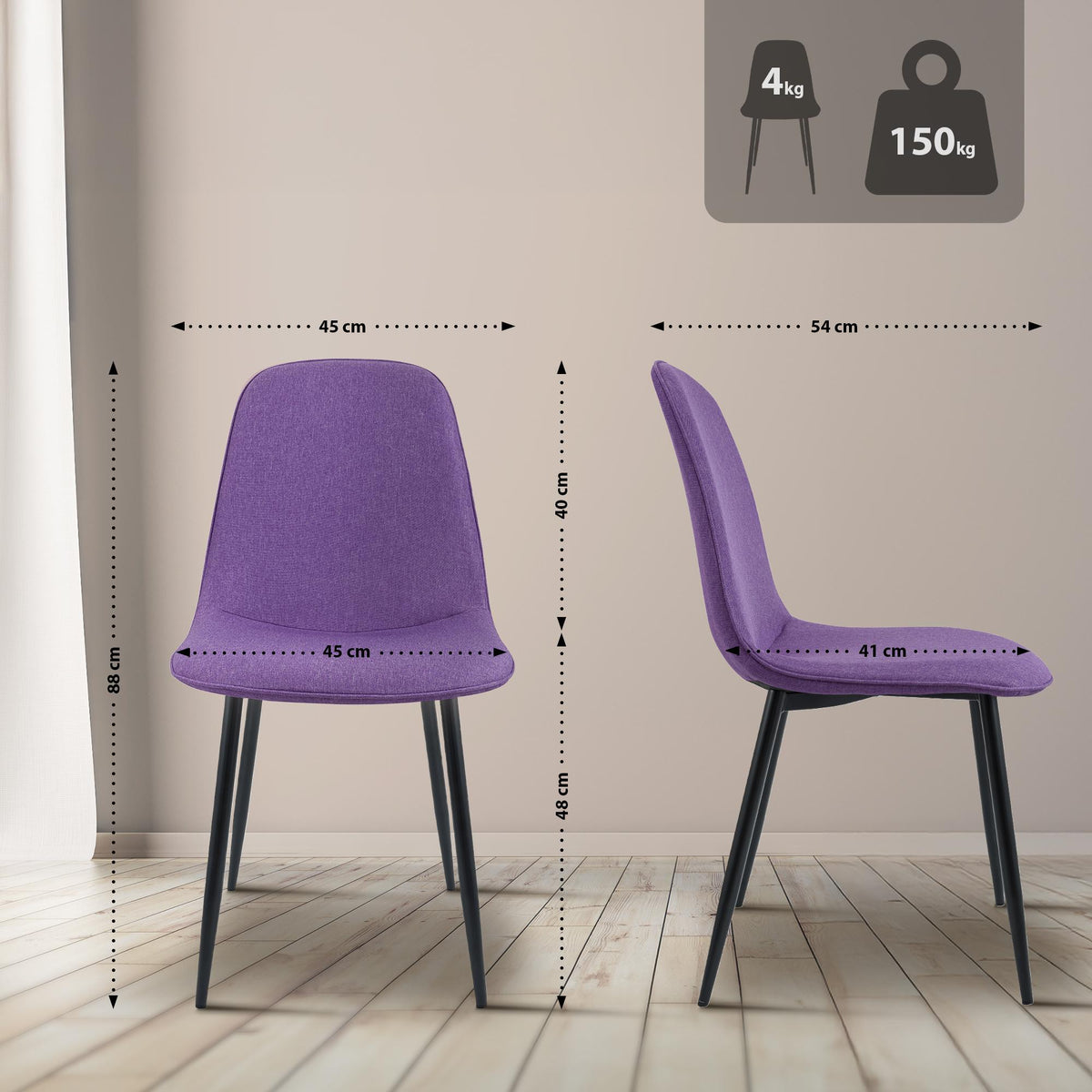 Set van 4 eetkamerstoelen Maryam purper,Stof lila