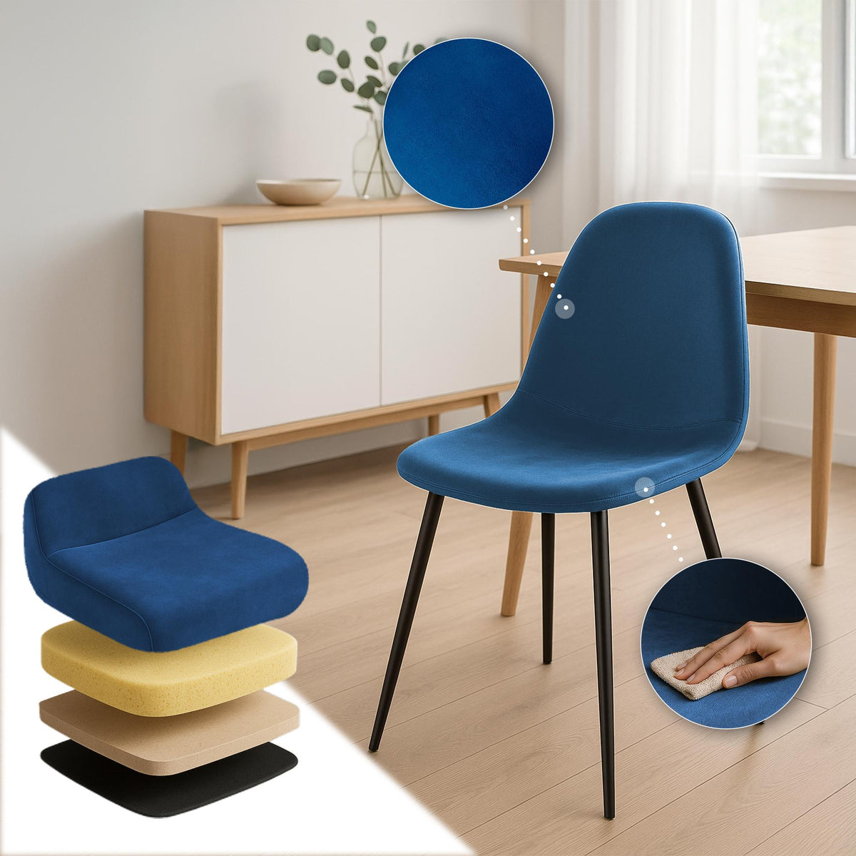 Set van 4 Napier eetkamerstoelen blauw,Fluweel blau