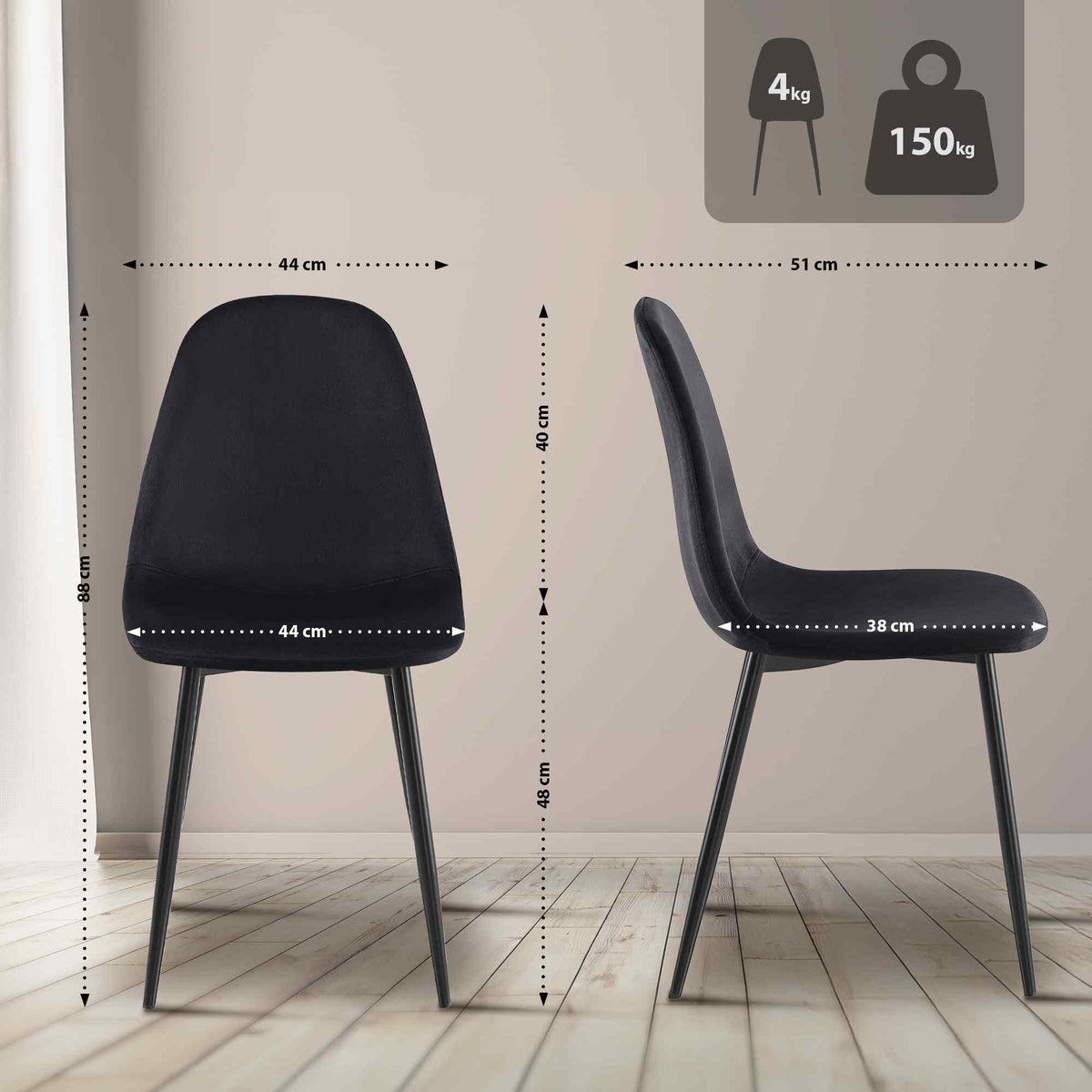 Set van 4 Napier eetkamerstoelen zwart,Fluweel schwarz