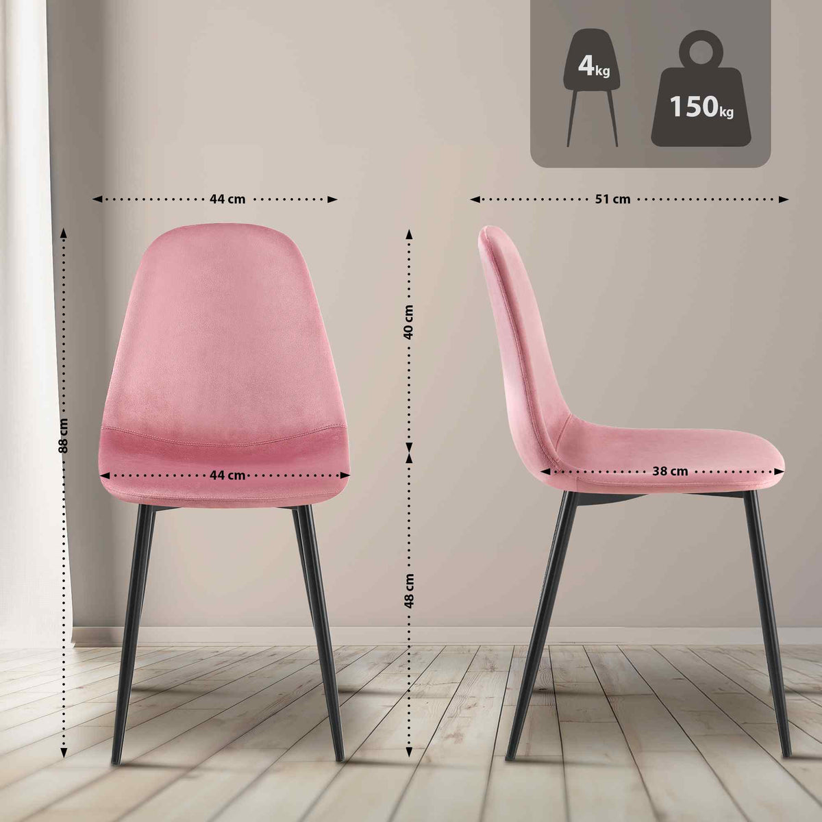 Set van 4 Napier eetkamerstoelen roze,Fluweel pink