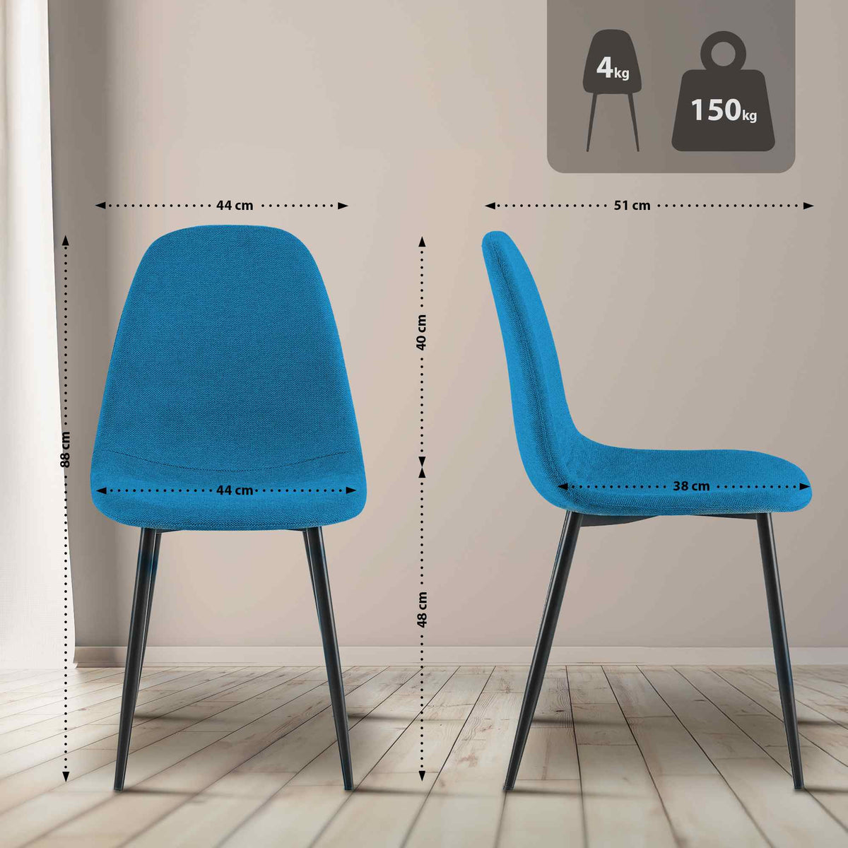 Set van 4 Napier eetkamerstoelen blauw,Stof blau