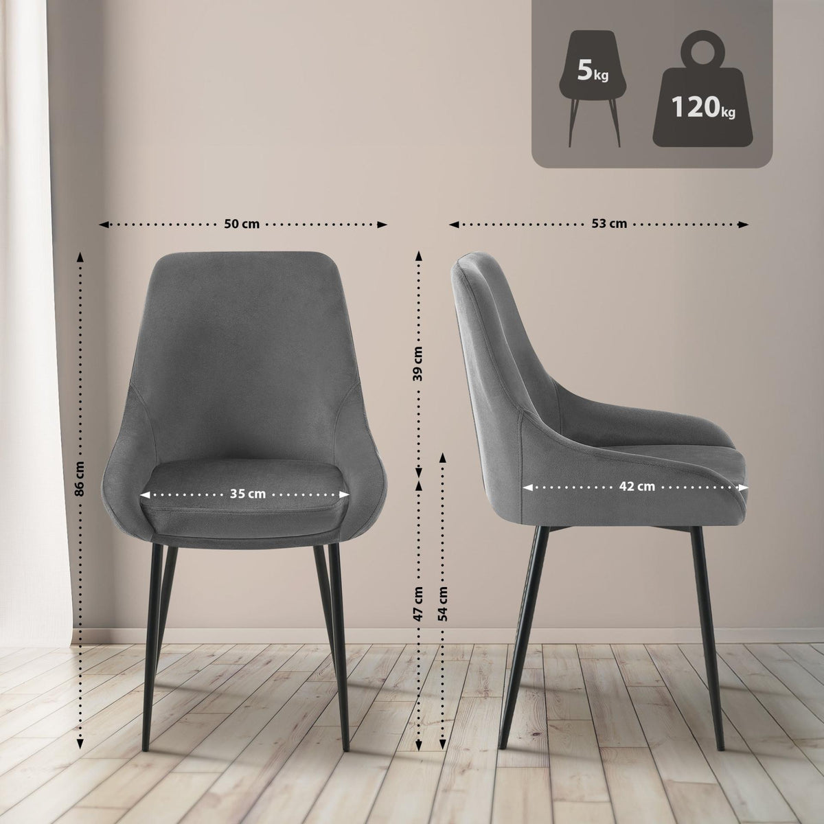 Set van 2 eetkamerstoelen Elmira donkergrijs,Metaal mat zwart dunkelgrau
