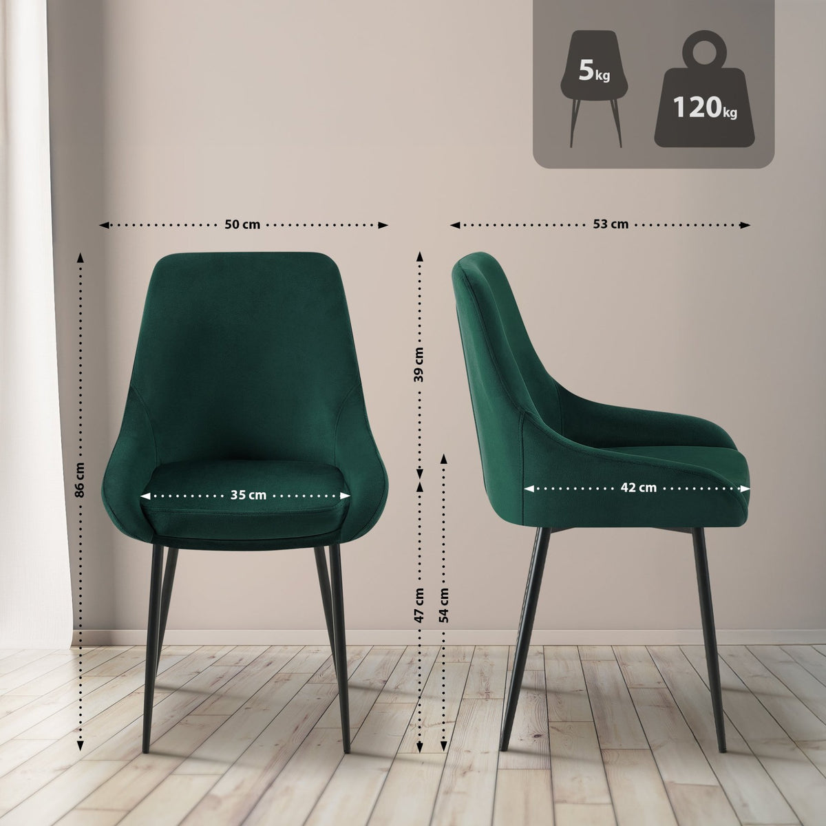 Set van 2 eetkamerstoelen Elmira groen,Metaal mat zwart grün