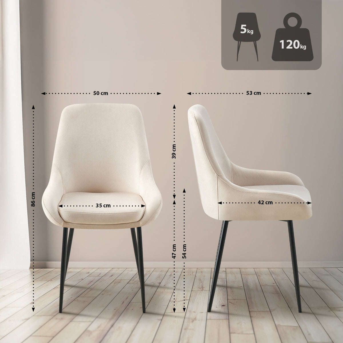 Set van 2 eetkamerstoelen Elmira creme,Metaal mat zwart creme
