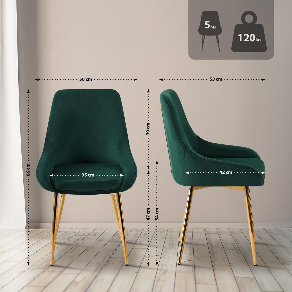 Set van 2 eetkamerstoelen Elmira groen,Metaal Goud grün
