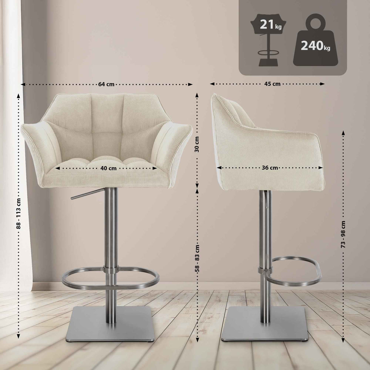 Barkruk Damaso Cord creme,roestvrij staal creme