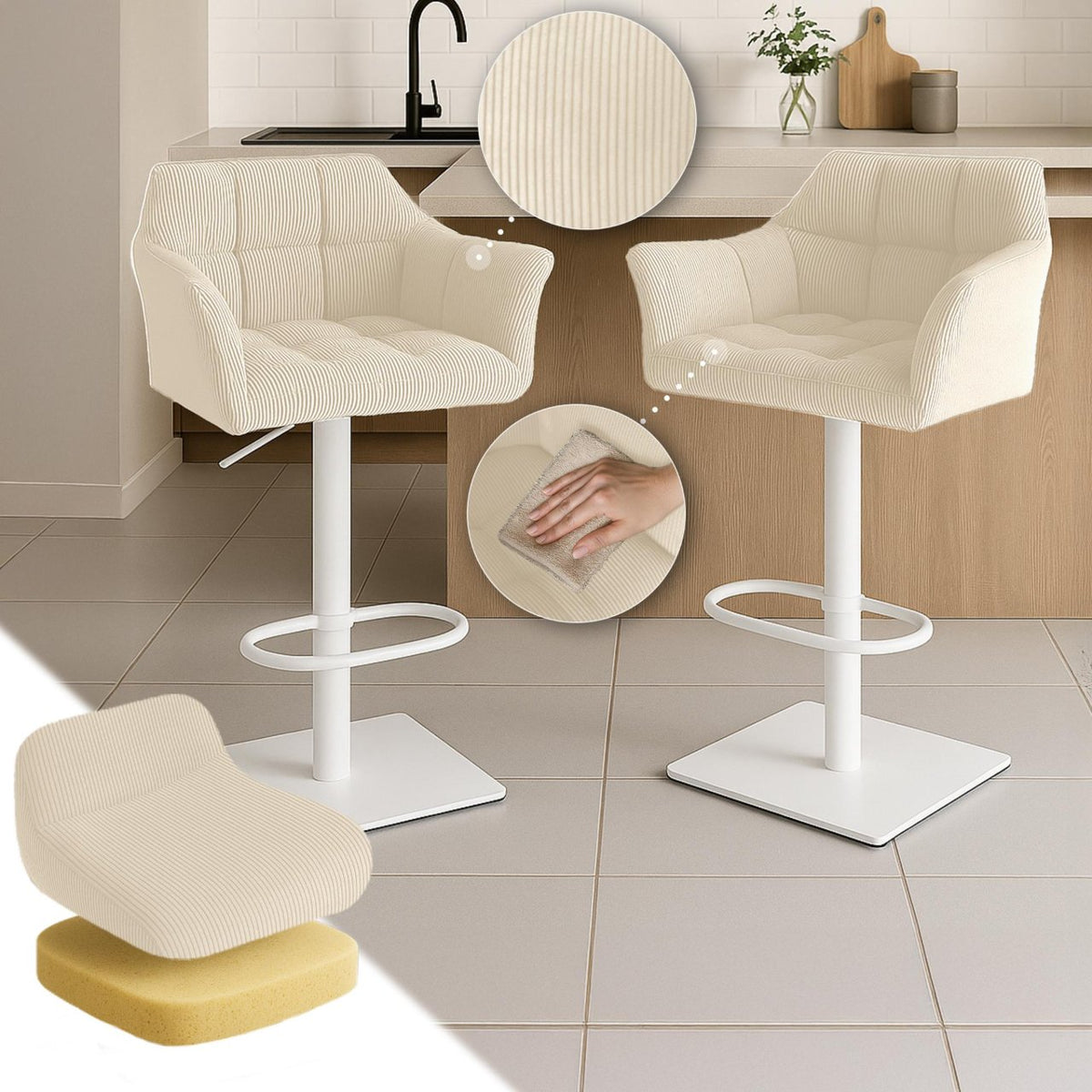 Barkruk Damaso Cord creme,wit creme