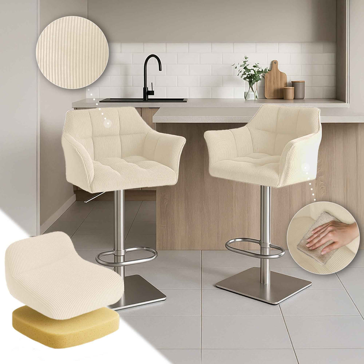Barkruk Damaso Cord creme,roestvrij staal creme