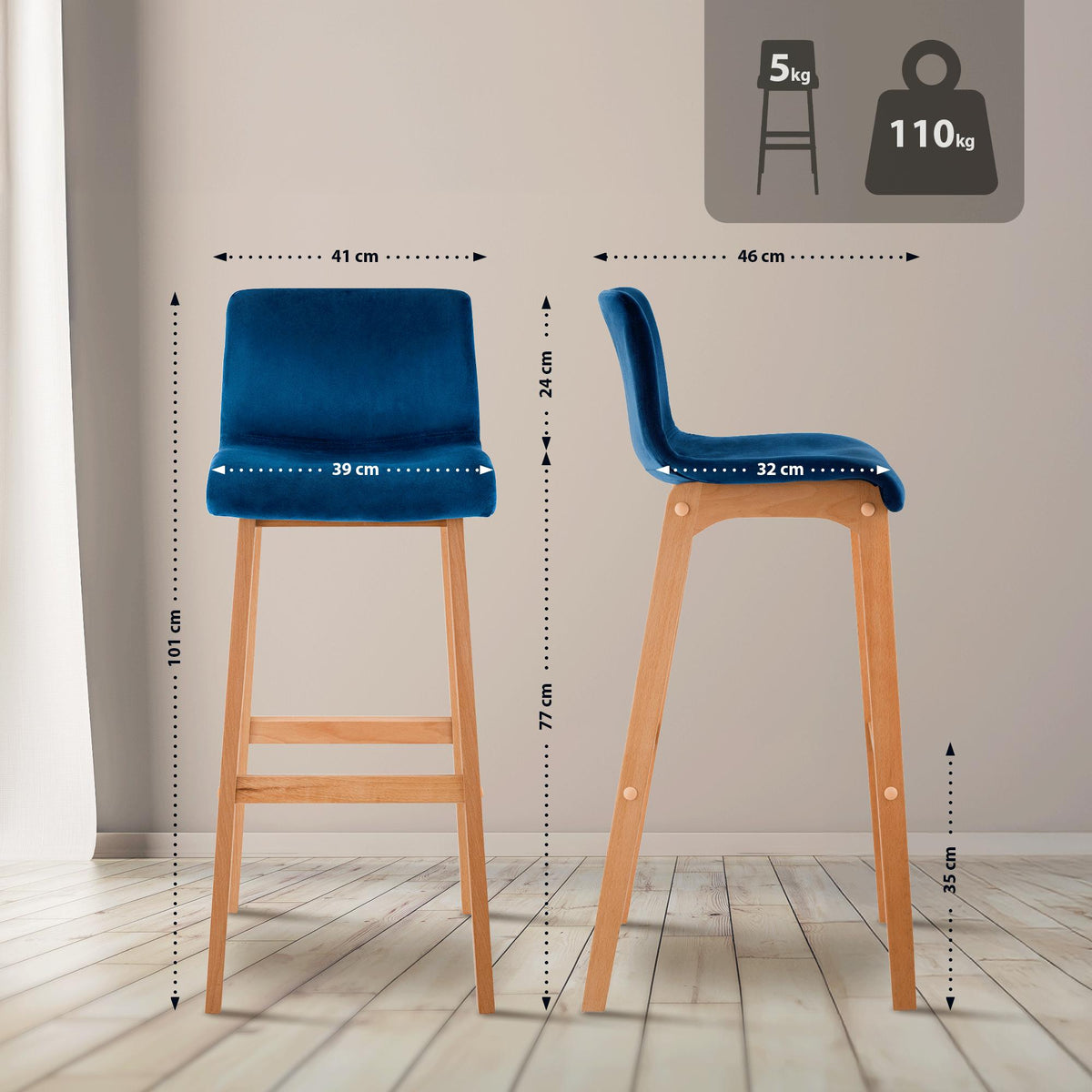 Barkruk Hover Fluweel Vierpoots frame Natura blauw blau