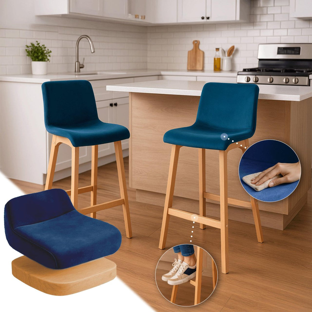 Barkruk Hover Fluweel Vierpoots frame Natura blauw blau
