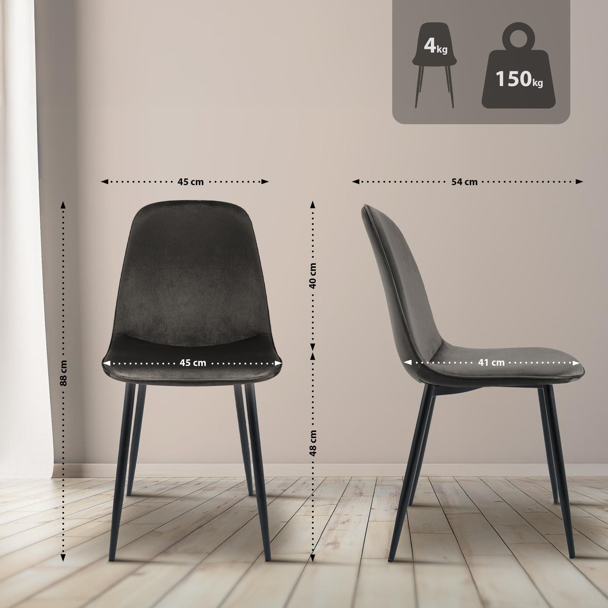 Set van 2 eetkamerstoelen Maryam antraciet,Fluweel anthrazit