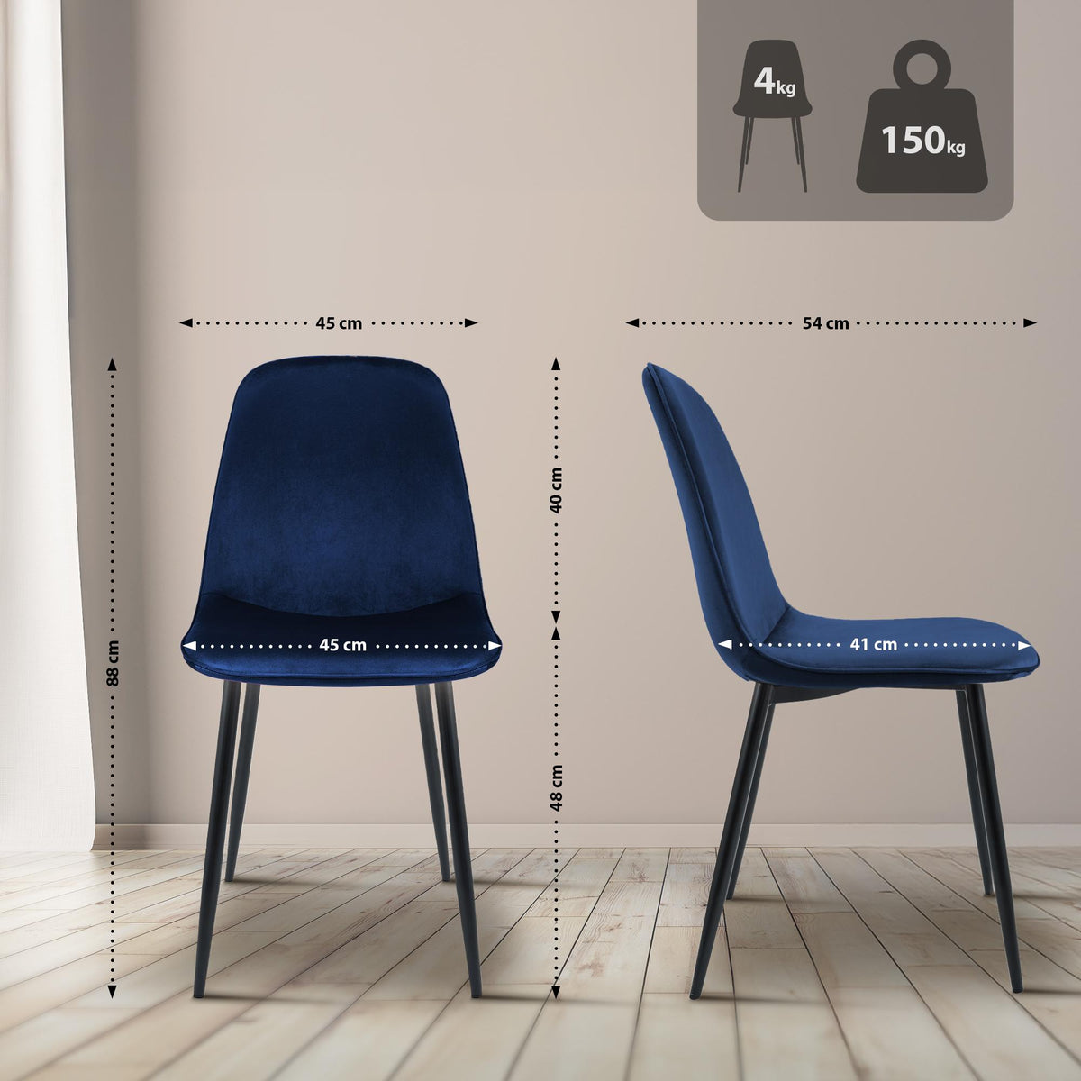 Set van 2 eetkamerstoelen Maryam donkerblauw,Fluweel dunkelblau