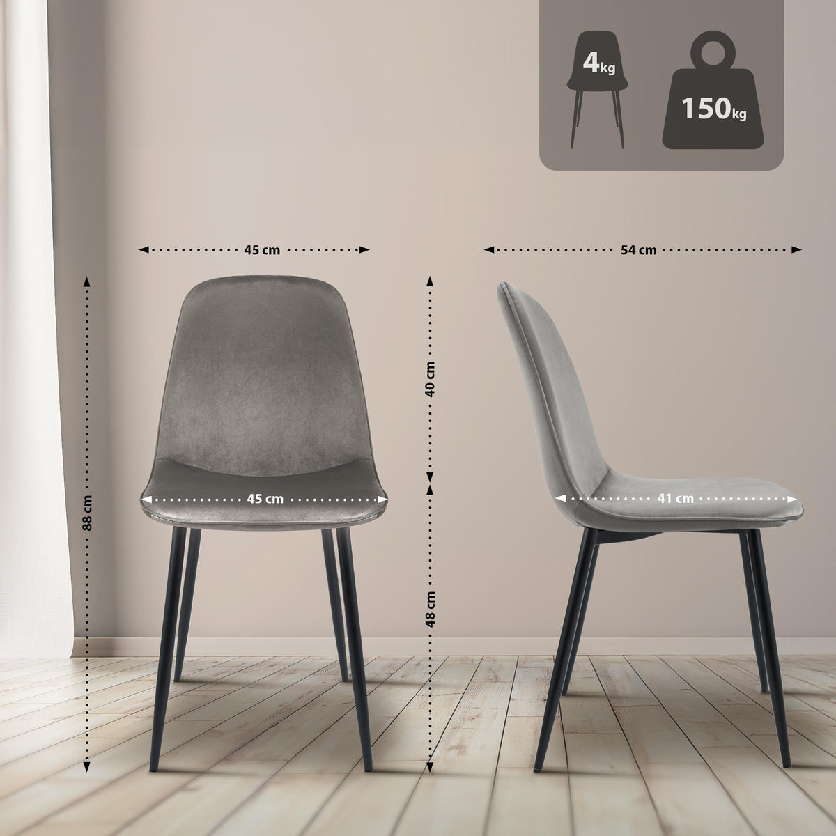 Set van 2 eetkamerstoelen Maryam licht grijs,Fluweel hellgrau