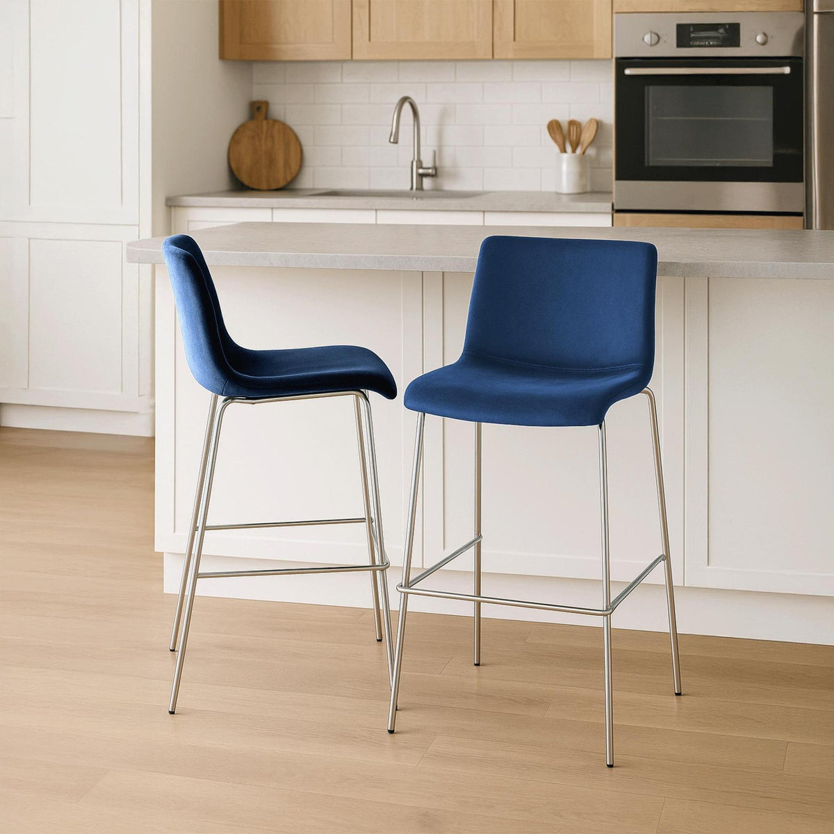 Barkruk Hover Fluweel Vierpoots frame Chroom blauw blau
