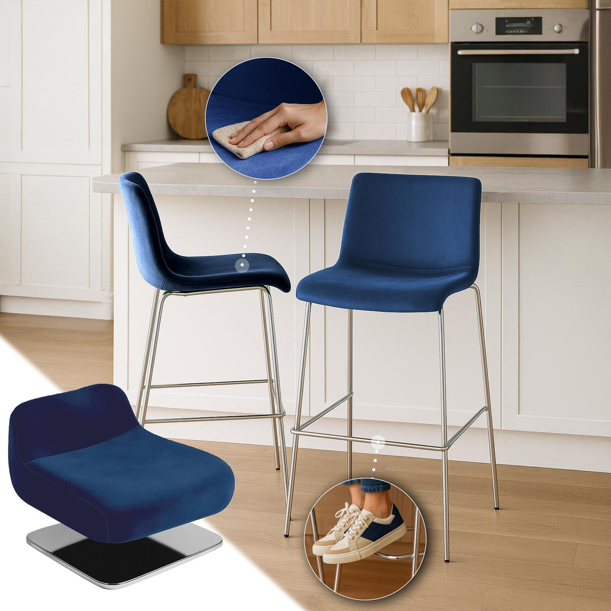 Barkruk Hover Fluweel Vierpoots frame Chroom blauw blau