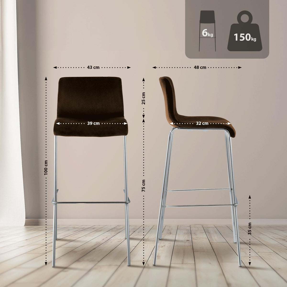 Barkruk Hover Fluweel Vierpoots frame Chroom bruin braun