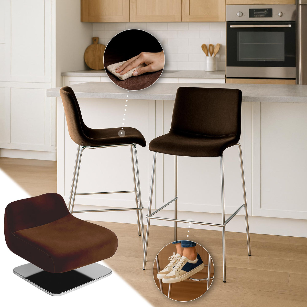 Barkruk Hover Fluweel Vierpoots frame Chroom bruin braun