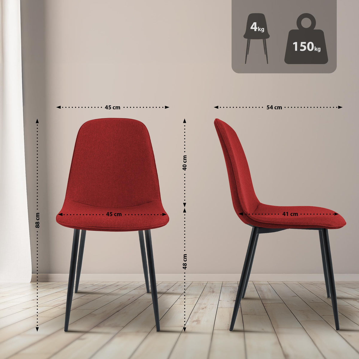 Set van 2 eetkamerstoelen Maryam rood,Stof rot